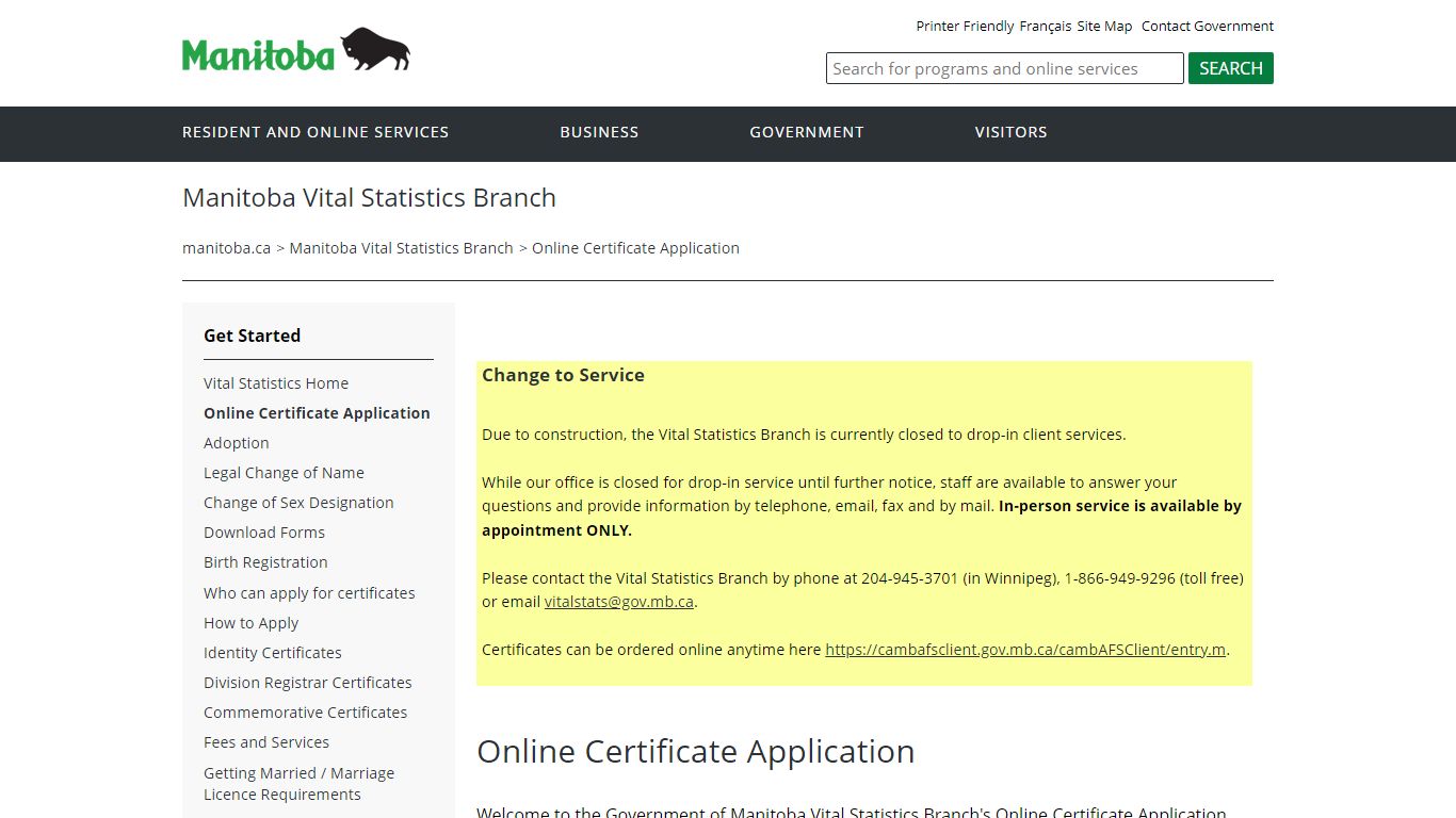 Online Certificate Application | Manitoba Vital Statistics Branch ...